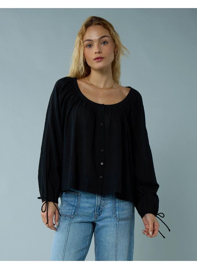 American Eagle AE Tie Sleeve Button-Up Top  - Image 1