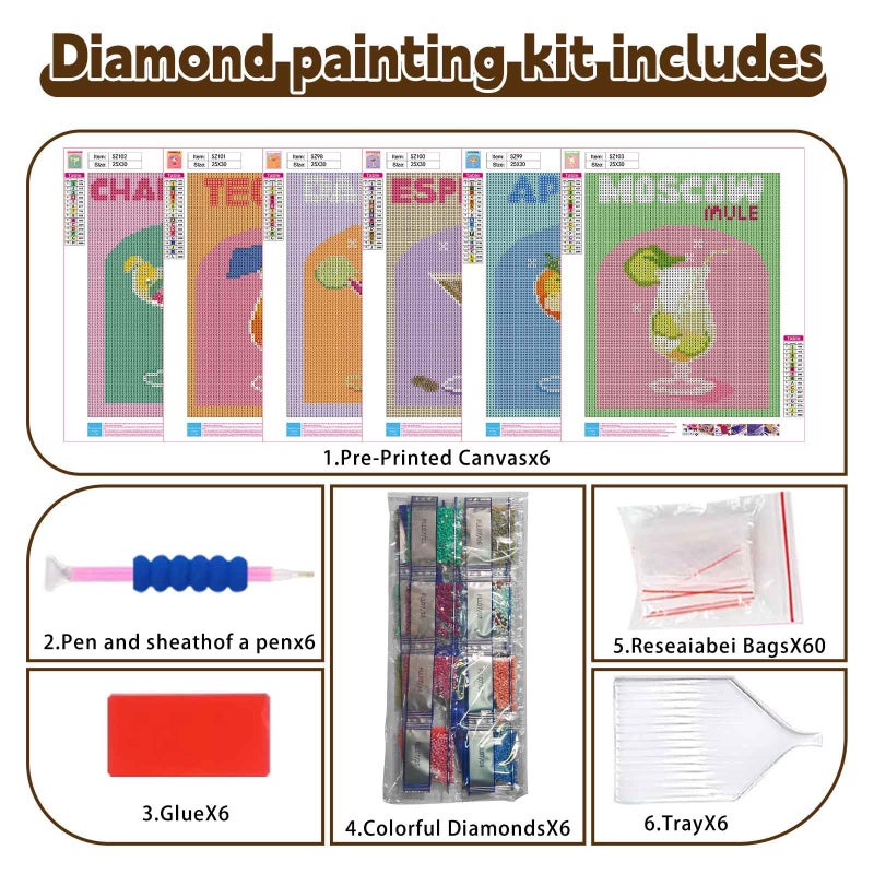 Ycydilirab 6 Pack Diamond Art Kits for Adults,Cocktail 5D Diamond Painting Kits for Adults,Beginner DIY Gem Painting Perfect for Gifts and Home Wall Decor 10x12inch - Image 5