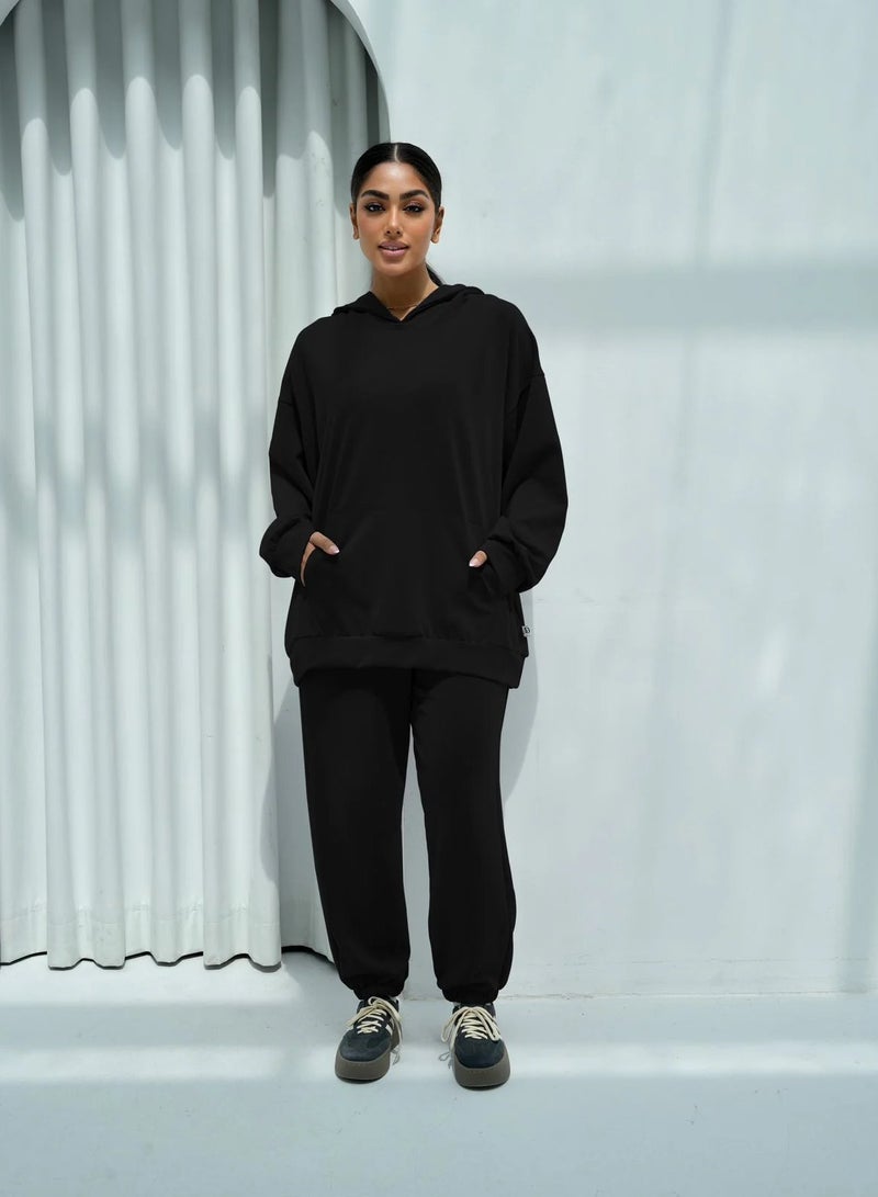 Andy 6616 | Women's Cotton Oversized Two-Piece Hoodie Set Relaxed Fit Hoodie with Front Pocket and Jogger Pants | Black 