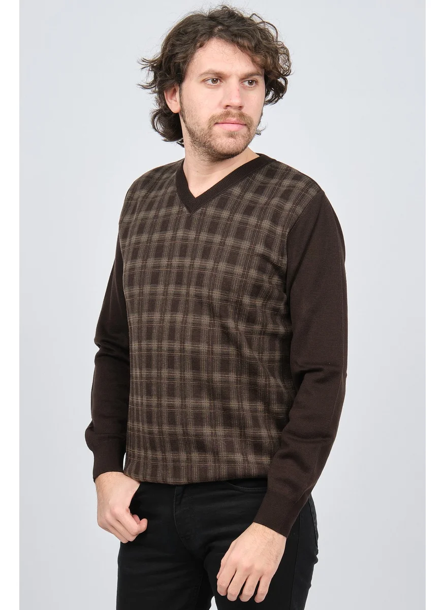 Desen Triko Patterned Knitwear Men's V Neck Patterned Wool Sweater 0245532 Brown