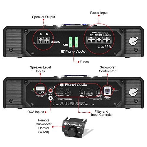 Planet Audio AC2500.1M Monoblock Car Amplifier - 2500 Watts Max Power, 2/4 Ohm Stable, Class A/B, Mosfet Power Supply, Remote Subwoofer Control - Image 3