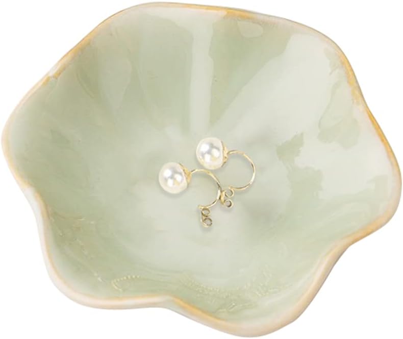 Binoster Ceramic jewelry dish,leaf tray key tray,small ring dish holder Plate trinket catchall nightstand decor for entryway table room Green - Image 1