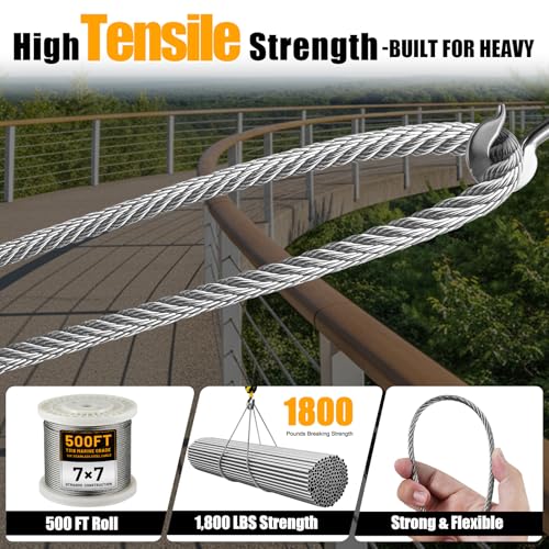 AHEONLAR 500FT 1/8" Stainless Steel Cable with a Cutter, T316 Wire Rope Cable for Deck Cable Railing Kit, 1850 lb Breaking Strength, 7x7 Strands Aircraft for Stair Fence Deck Railing, Silver - Image 4