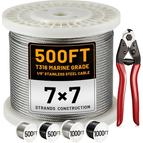 AHEONLAR 500FT 1/8" Stainless Steel Cable with a Cutter, T316 Wire Rope Cable for Deck Cable Railing Kit, 1850 lb Breaking Strength, 7x7 Strands Aircraft for Stair Fence Deck Railing, Silver - Image 1