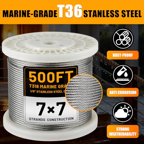 AHEONLAR 500FT 1/8" Stainless Steel Cable with a Cutter, T316 Wire Rope Cable for Deck Cable Railing Kit, 1850 lb Breaking Strength, 7x7 Strands Aircraft for Stair Fence Deck Railing, Silver - Image 2
