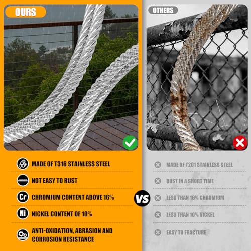 AHEONLAR 500FT 1/8" Stainless Steel Cable with a Cutter, T316 Wire Rope Cable for Deck Cable Railing Kit, 1850 lb Breaking Strength, 7x7 Strands Aircraft for Stair Fence Deck Railing, Silver - Image 5