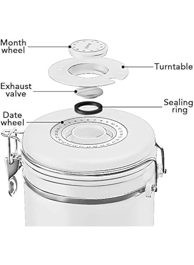 هوكور علبة قهوة، حاوية تخزين طعام 1.8 لتر للمطبخ محكمة الغلق من الستانلس ستيل مع مُتعقِب للتاريخ ومعلقة قياس لحبوب البن، والقهوة المطحونة، والشاي والدقيق والحبوب والسكر(أبيض) - Image 5