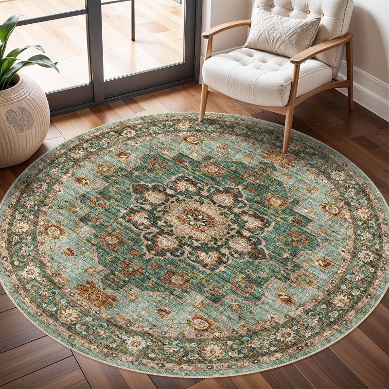 TOPRUUG Washable Oriental Area Rug - 6ft Round Rugs for Living Room Soft Carpet for Bedroom Waterproof Floral Distressed Indoor Stain Resistant Non-Shedding Floor Carpets (Green, 6ft-Round) - Image 1