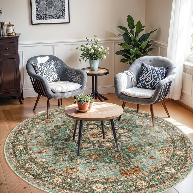 TOPRUUG Washable Oriental Area Rug - 6ft Round Rugs for Living Room Soft Carpet for Bedroom Waterproof Floral Distressed Indoor Stain Resistant Non-Shedding Floor Carpets (Green, 6ft-Round) - Image 2