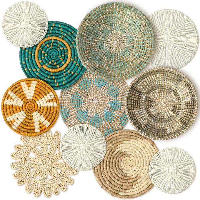 11 PCS BOHO WALL BASKET DECOR DECORATIVE BULRUSH WOVEN BASKET WALL DECOR ART ROUND FARMHOUSE HANGING BASKETS FOR KITCHEN RUSTIC HOME SUMMER DECORATIONS MULTI SIZESBRIGHT