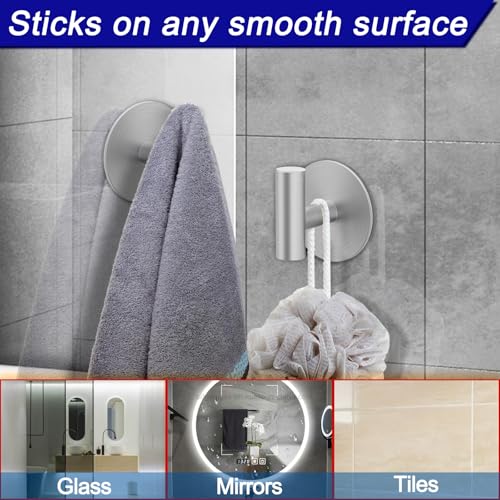 Bntuk Wall Towel Hooks Adhesive Hooks for Coat Waterproof Shower Hooks Sticky Hanger Hook for Hanging Coat Clothes Robe Towel Hooks for Bathroom Glass Window 4 Pack Silver - Image 3