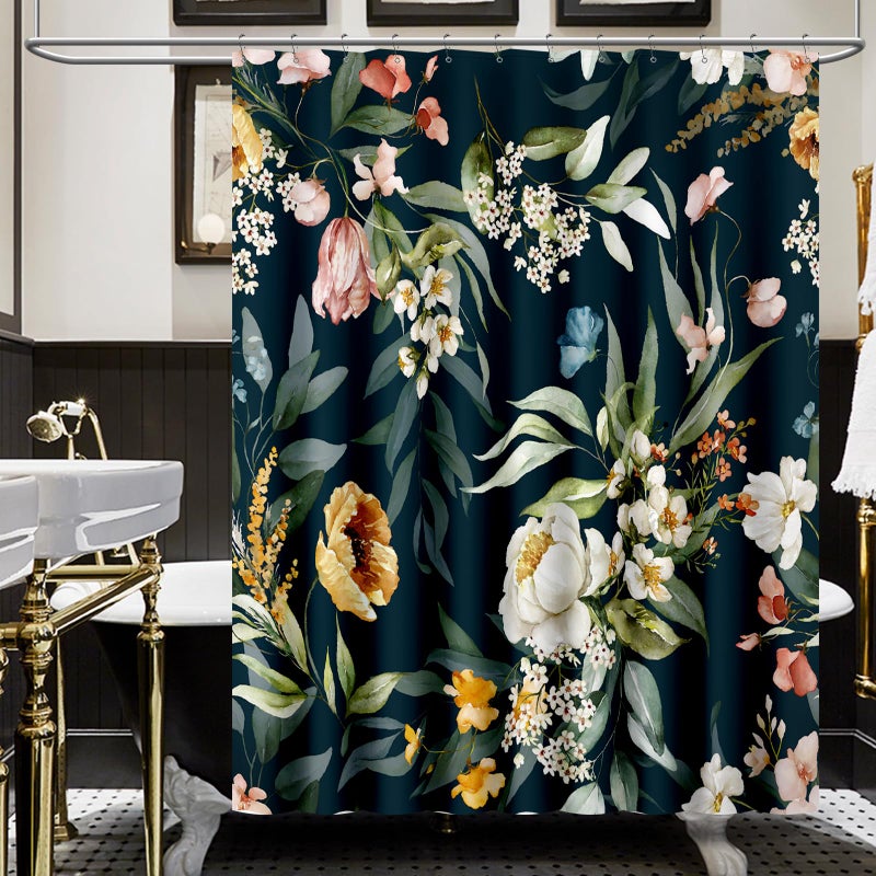 Amaredom Black Floral Shower Curtain Colorful Flowers Shower Curtain for Bathroom Waterproof Fabric Shower Curtain Set with 12 Hooks 72x72 Inches