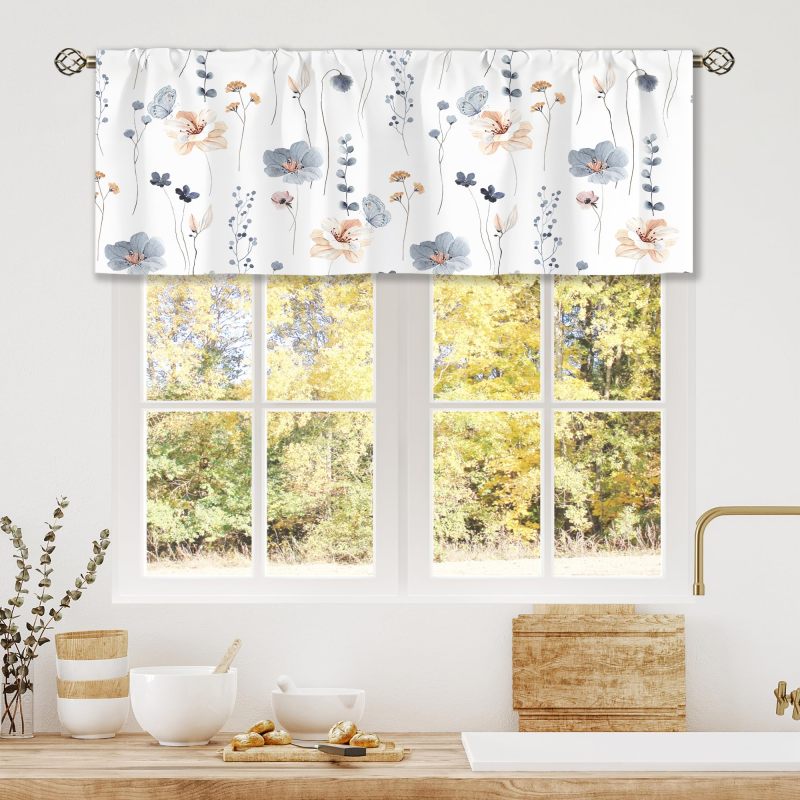 Curtain Valance 52 X 18 Inch 100% Polyester Light-filtering Fabric - Boho Watercolor Floral Botanical Pattern Window Valance for Kitchen Bedroom Living Room Bathroom - Image 1