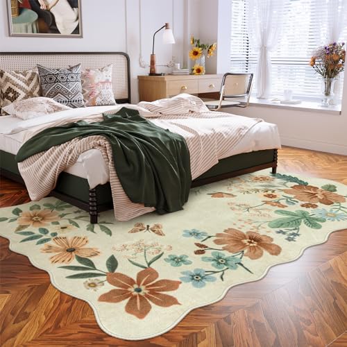 La Home Lahome Floral Living Room Rug, 5x7 Rugs for Bedroom Ultra-Thin Soft Washable Dining Room Rug, Non Slip Stain Resistant Boho Low-Pile Throw Carpet for ‎Office (5x7ft,Beige) - Image 3