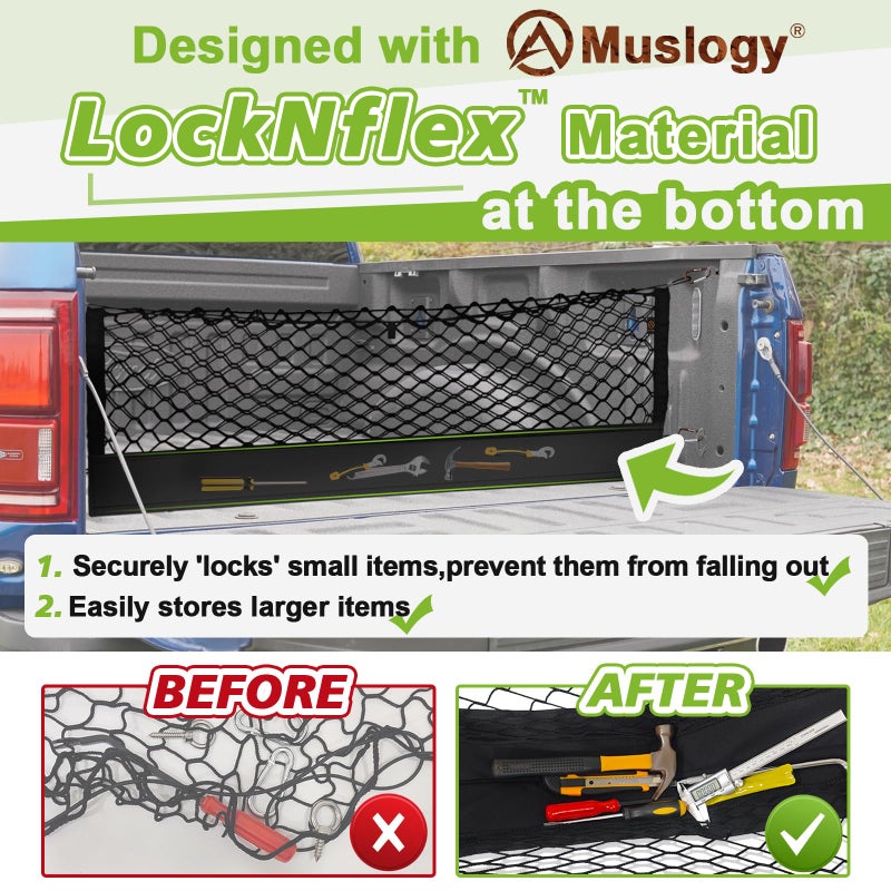 Muslogy Truck Bed Cargo Net Trunk Netting Compatible with Ford F-150 & Lightning 2015-2026 Accessories, Pickup Cargo Organizer SUV Sedan Storage Net w/Heavy Duty Carabiners - Image 2