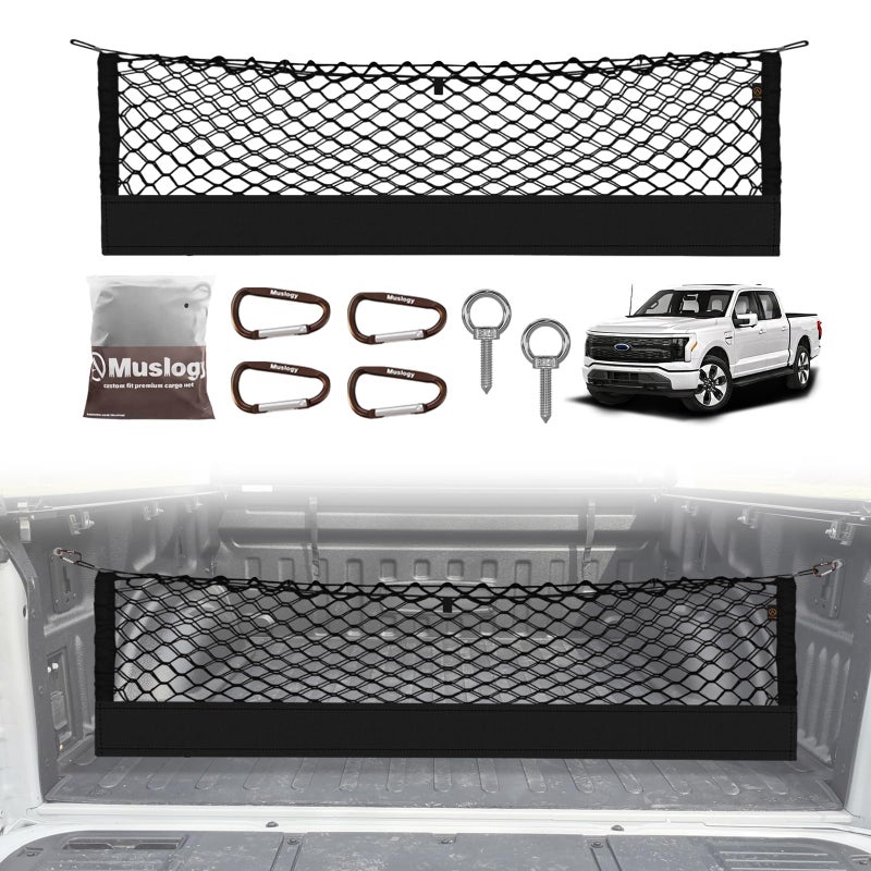Muslogy Truck Bed Cargo Net Trunk Netting Compatible with Ford F-150 & Lightning 2015-2026 Accessories, Pickup Cargo Organizer SUV Sedan Storage Net w/Heavy Duty Carabiners - Image 1