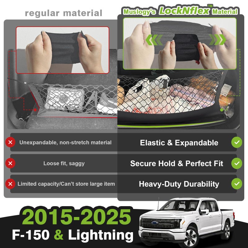 Muslogy Truck Bed Cargo Net Trunk Netting Compatible with Ford F-150 & Lightning 2015-2026 Accessories, Pickup Cargo Organizer SUV Sedan Storage Net w/Heavy Duty Carabiners - Image 5