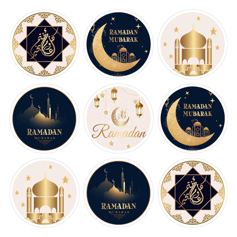 ملصقات رمضان الذهب الأسود 180 قطعة مجموعة ملصقات دائرية ذهبية سوداء لرمضان زينة رمضان لوازم حفلات رمضان