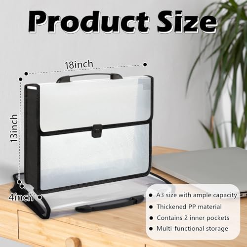 XUWAIDSGN 3 Pieces A3 11 x 17 inch Expandable File Folder with Handle Expandable Folders for Documents Snap Closure Black Horizontal Large Clear Organizer Storage for Plots Charts - Image 2