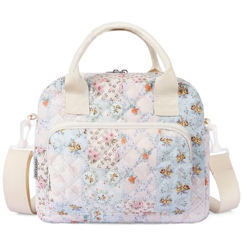 ShiprabagsQuilted Lunch Box for Women Large Insulated Lunch Bag for AdultElegant Blue Floral Cute Portable Tote Bags for Work Travel Beach PicnicBlue Floral Patchwork M - Image 1