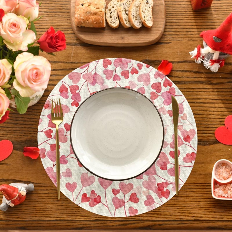 Artoid Mode Pink Love Hearts Round Valentine Placemats Set of 4 14 Inch Anniversary Wedding Round Table Mats for Dining Decoration - Image 2