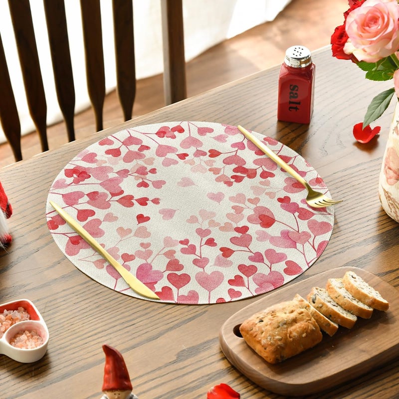 Artoid Mode Pink Love Hearts Round Valentine Placemats Set of 4 14 Inch Anniversary Wedding Round Table Mats for Dining Decoration - Image 3
