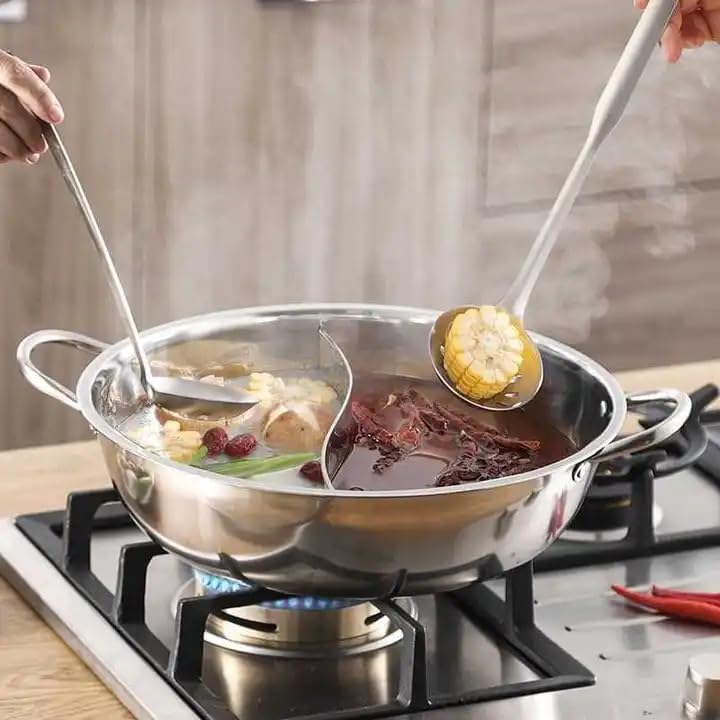 Mugath Stainless Steel Shabu Shabu Hot Pot with Divider for Induction Cooktop Gas Stove 30cm with Cover Partition Pot Cooking PotBig Soup PotTwoFlavor Design S Grid Mandarin Duck Pot - Image 2