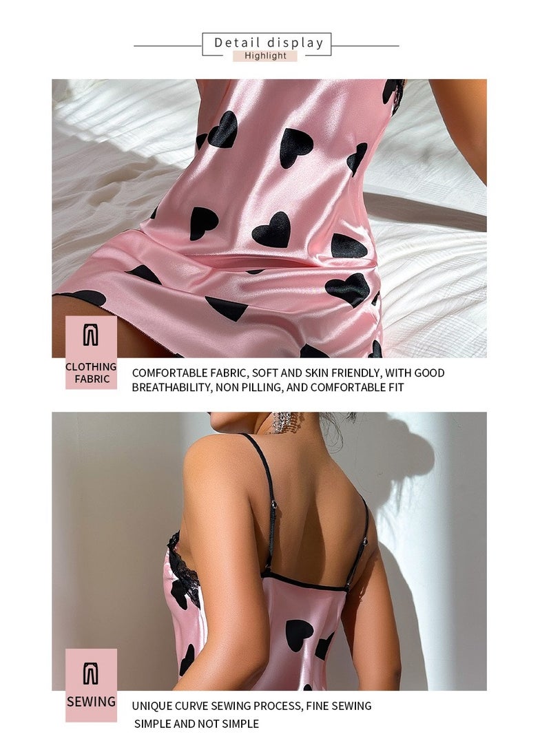 hiwonka Ladies Sleepwear Heart Print Lace Backless Ice Silk Nightwear - Image 2
