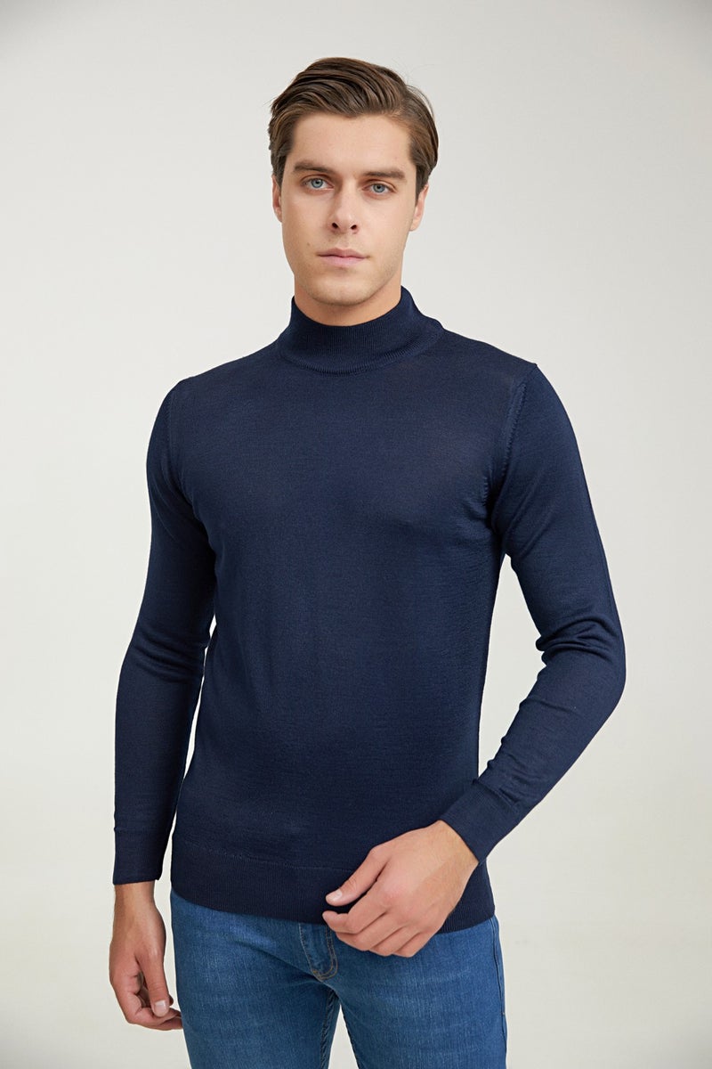 D'S DAMAT Regular Fit Navy Blue Plain Knitted Sweater 9HF060636275D  - Image 1