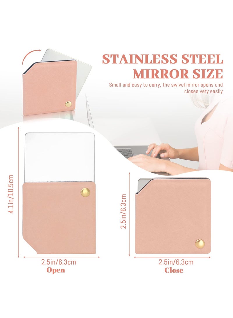 SOLARAE Stainless Steel Compact Mirror with PU Leather Sleeve, Unbreakable Travel Makeup Mirror, Rotary Square Pocket Mirror, Portable Purse Mirror, Mini Mirror (Stainless Steel Pink) - Image 2