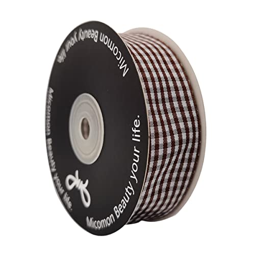 Micomon Brown Gingham Plaid Checked Ribbon 25 Yard Each Roll 100% Polyester (1", Brown) - Image 2