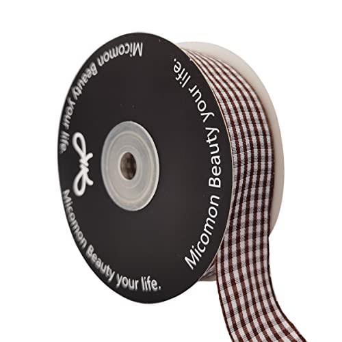 Micomon Brown Gingham Plaid Checked Ribbon 25 Yard Each Roll 100% Polyester (1", Brown) - Image 1