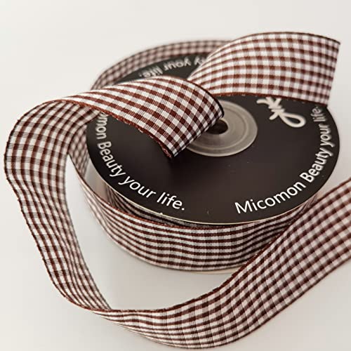 Micomon Brown Gingham Plaid Checked Ribbon 25 Yard Each Roll 100% Polyester (1", Brown) - Image 5