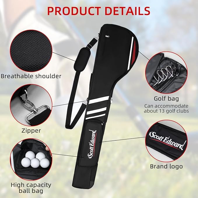 Scott Edward Foldable Golf Club Carry Bag, Portable Sunday Pencil Bag, Lightweight Waterproof Training Case, Holds 7-12 Clubs (Black White Red) - Image 4