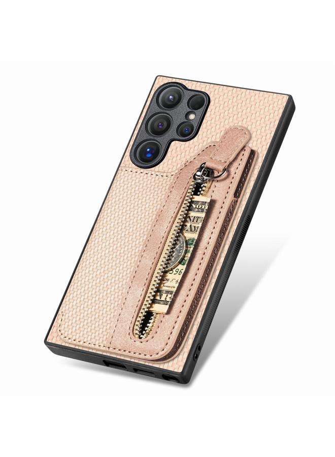 اس-توب جراب لهاتف Samsung Galaxy S24 Ultra 5G مصنوع من ألياف الكربون مع محفظة وسحاب أفقي - Image 4