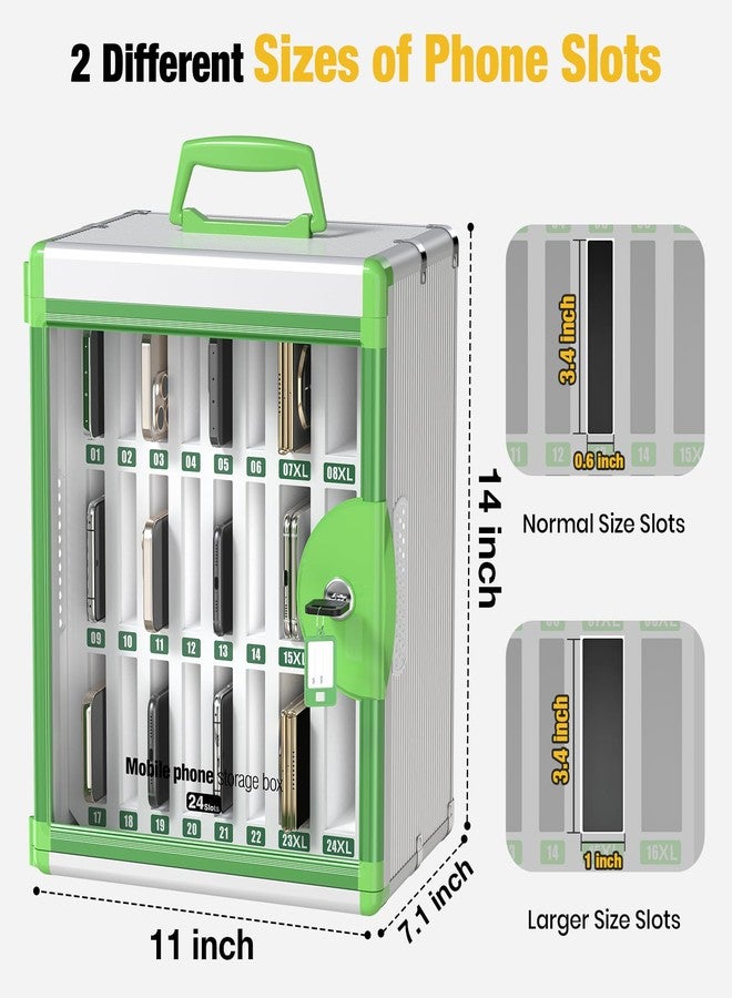 Glosen Cell Phone Locker 24 Slots, Portable Phone Storage Cabinet [Wall Mounted] [Aluminum Alloy] Cellphone Lock Box with Key & Handle for School Classroom Office Exam (Green) - Image 2