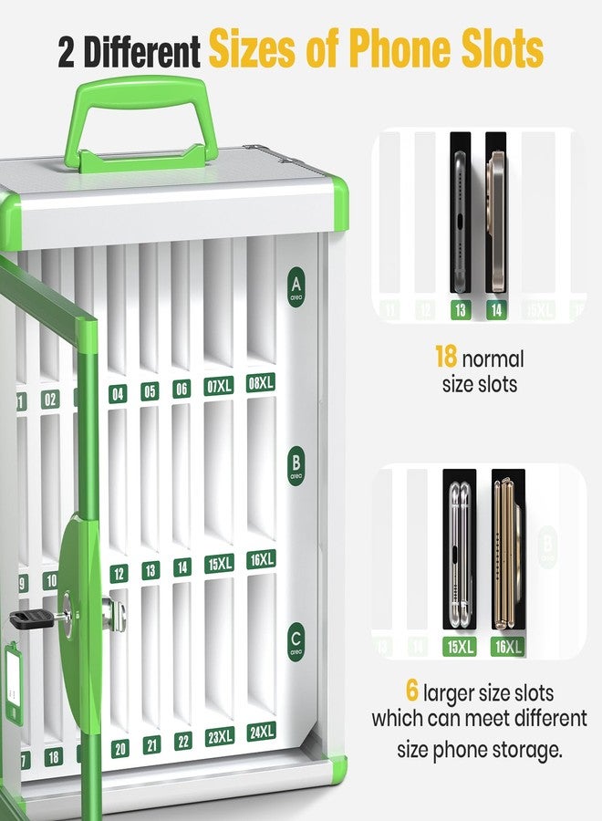 Glosen Cell Phone Locker 24 Slots, Portable Phone Storage Cabinet [Wall Mounted] [Aluminum Alloy] Cellphone Lock Box with Key & Handle for School Classroom Office Exam (Green) - Image 3
