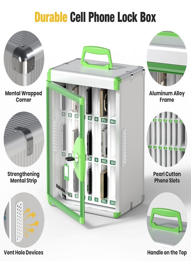 Glosen Cell Phone Locker 24 Slots, Portable Phone Storage Cabinet [Wall Mounted] [Aluminum Alloy] Cellphone Lock Box with Key & Handle for School Classroom Office Exam (Green) - Image 5