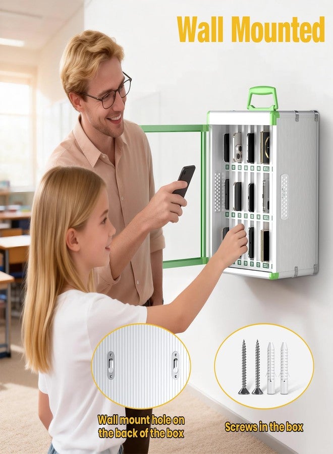 Glosen Cell Phone Locker 24 Slots, Portable Phone Storage Cabinet [Wall Mounted] [Aluminum Alloy] Cellphone Lock Box with Key & Handle for School Classroom Office Exam (Green) - Image 4