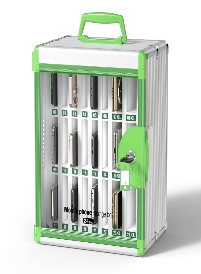 Glosen Cell Phone Locker 24 Slots, Portable Phone Storage Cabinet [Wall Mounted] [Aluminum Alloy] Cellphone Lock Box with Key & Handle for School Classroom Office Exam (Green) - Image 1