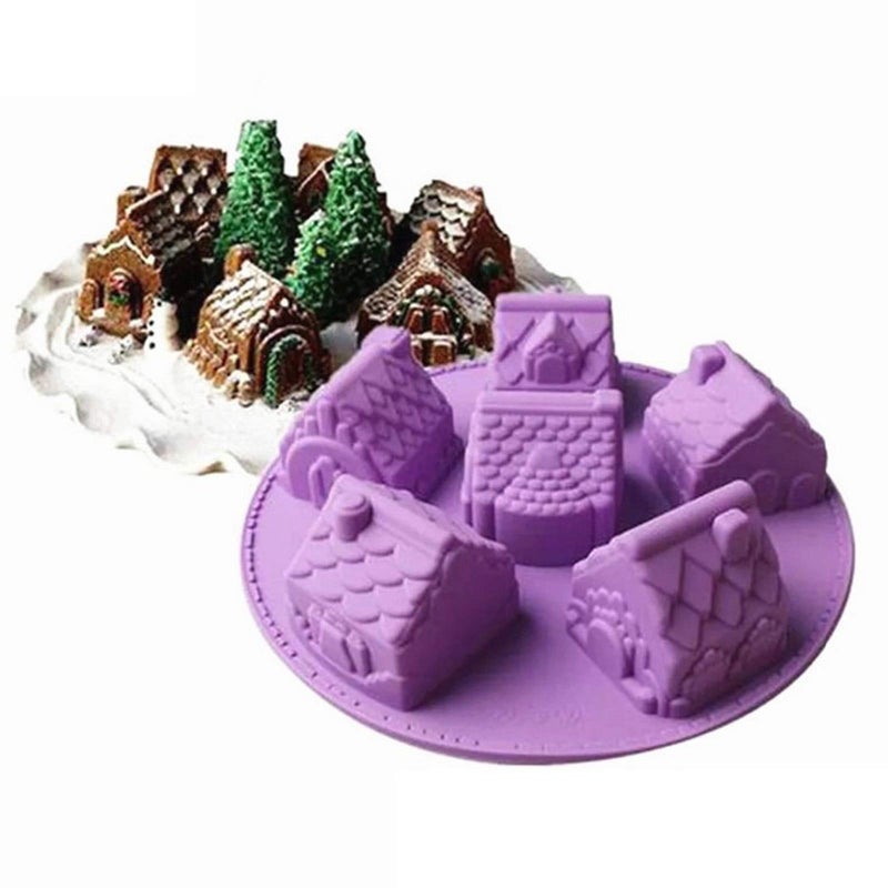 Joyeee 1 Pack House Shape Silicone Mold 102 Nonstick Cozy Village Baking Pan 6 Cavity Cottage Villa Soap Mold Christmas Gingerbread House Cake Molds for Brownies Jelly Pudding Cupcake Icecream