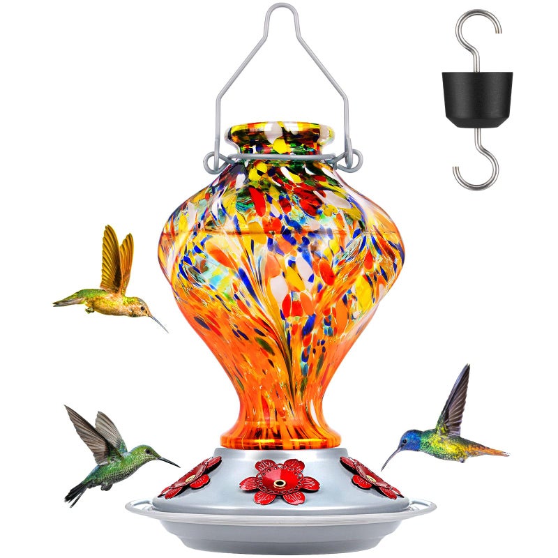 BOLITE Hummingbird Feeders for Outdoors Hanging, BOLITE Glass Hummingbird Feeder, Hand Blown Twisted with Ant Moat and Five Feeding Ports, 24 Ounces, Leak Proof, Orange, Gifts for Women Men - Image 1