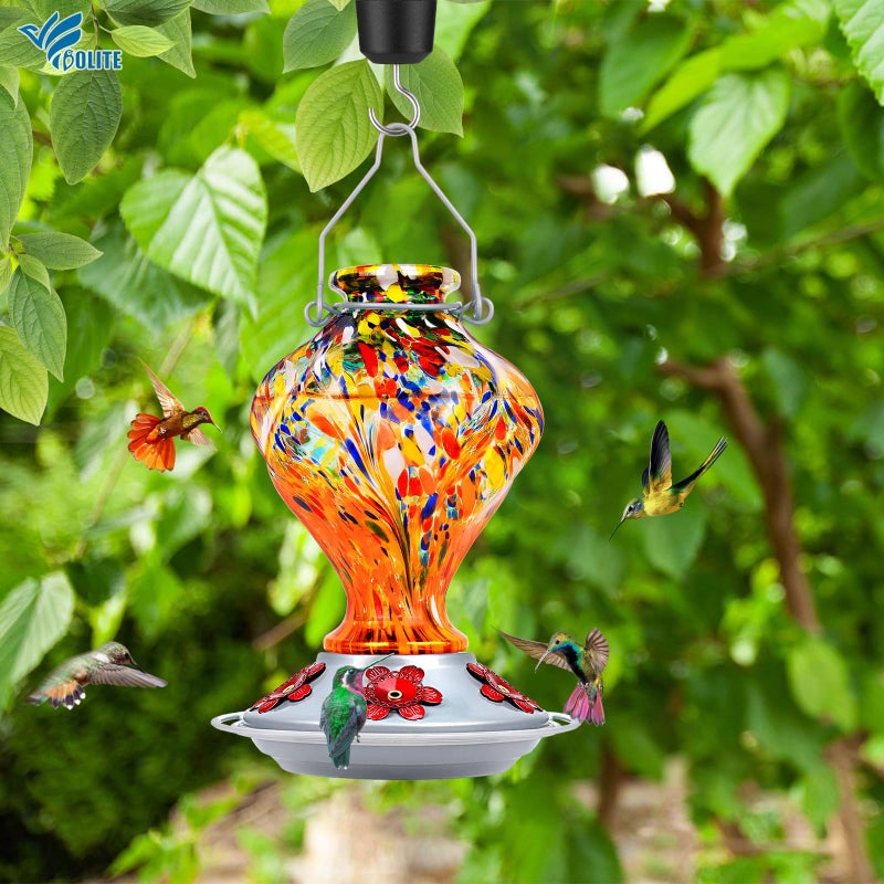 BOLITE Hummingbird Feeders for Outdoors Hanging, BOLITE Glass Hummingbird Feeder, Hand Blown Twisted with Ant Moat and Five Feeding Ports, 24 Ounces, Leak Proof, Orange, Gifts for Women Men - Image 2