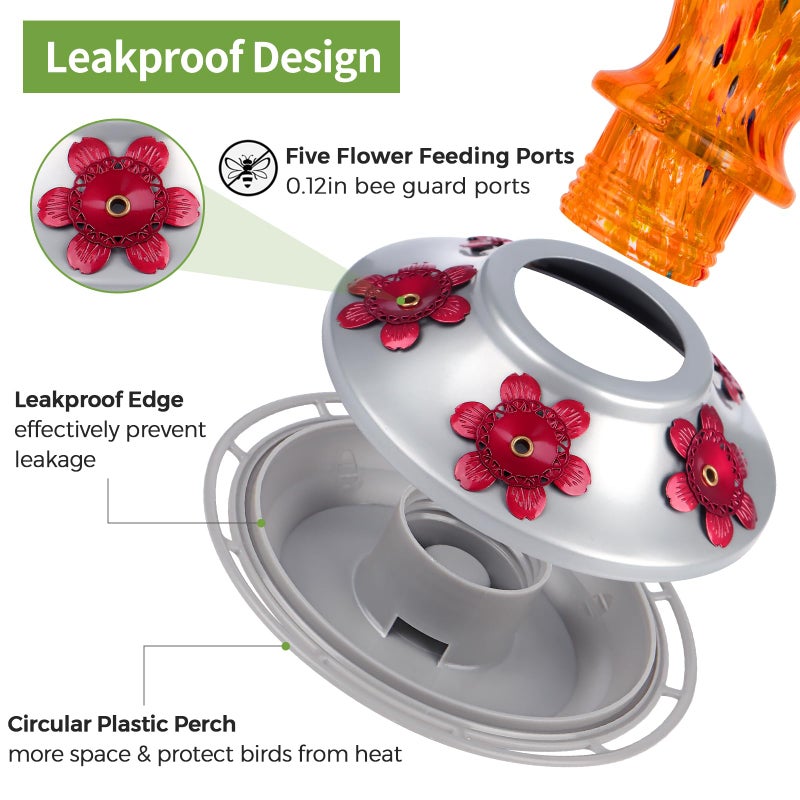 BOLITE Hummingbird Feeders for Outdoors Hanging, BOLITE Glass Hummingbird Feeder, Hand Blown Twisted with Ant Moat and Five Feeding Ports, 24 Ounces, Leak Proof, Orange, Gifts for Women Men - Image 4