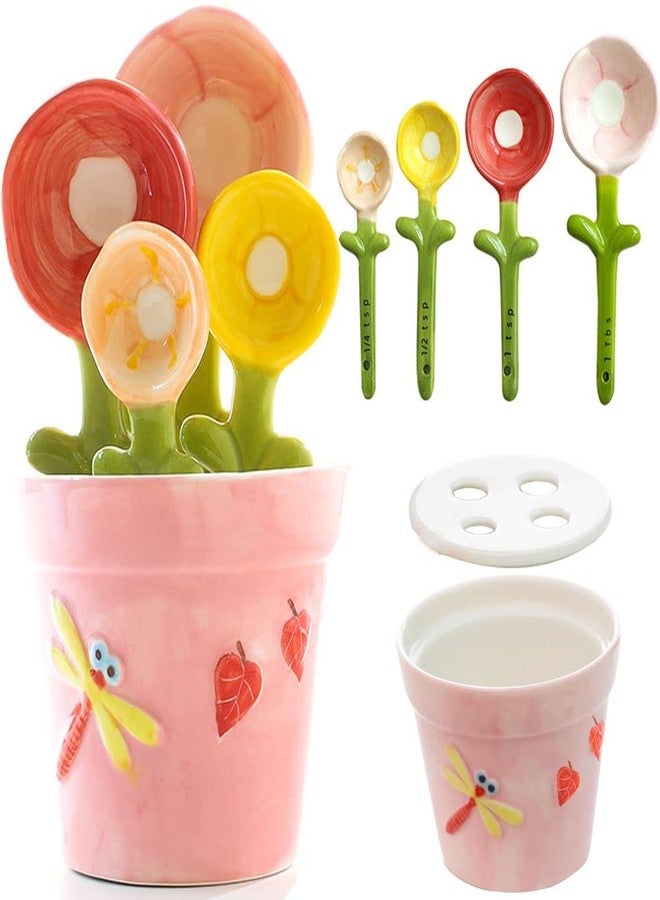 XDONEF Flower Measuring Spoons Set in Pot Unique Baking Gifts Ceramic Cute Measuring Cups and Spoons with Holder for Dry Wet Ingredients Dishwasher Safe Pink - Image 1