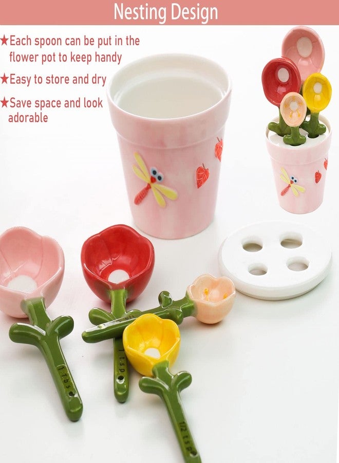 XDONEF Flower Measuring Spoons Set in Pot Unique Baking Gifts Ceramic Cute Measuring Cups and Spoons with Holder for Dry Wet Ingredients Dishwasher Safe Pink - Image 2