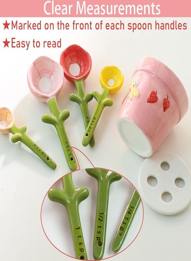 XDONEF Flower Measuring Spoons Set in Pot Unique Baking Gifts Ceramic Cute Measuring Cups and Spoons with Holder for Dry Wet Ingredients Dishwasher Safe Pink - Image 3