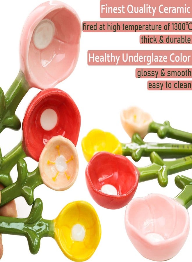 XDONEF Flower Measuring Spoons Set in Pot Unique Baking Gifts Ceramic Cute Measuring Cups and Spoons with Holder for Dry Wet Ingredients Dishwasher Safe Pink - Image 4