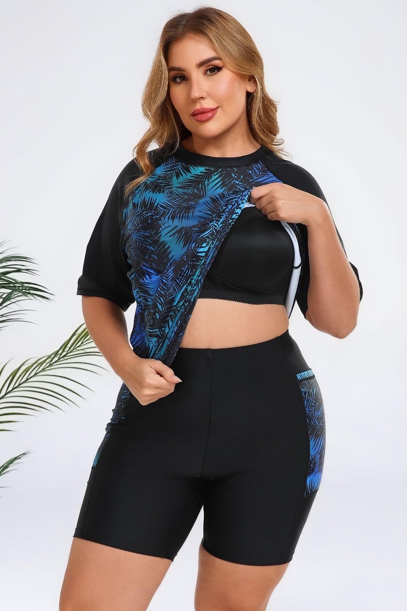 Halcurt Womens Plus Size Rash Guard with Bra Two Piece Swimsuit Set Long Shorts Bathing Suit Black Green Palm 3X - Image 2