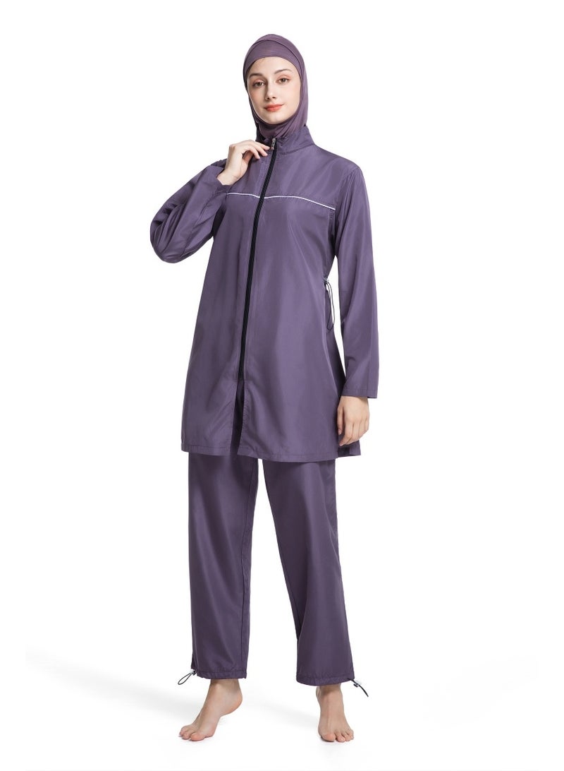 3-Piece Muslim Women's Conservative Swimwear Set Summer Casual Comfortable UV Protection Long Sleeve Zip-Up Swimsuit Lightweight Beach Attire - Image 1